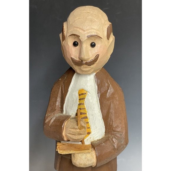12" Vintage Hand Carved Wooden Statue 'CPA' Businessman Wood Carving Art - Picture 2 of 12